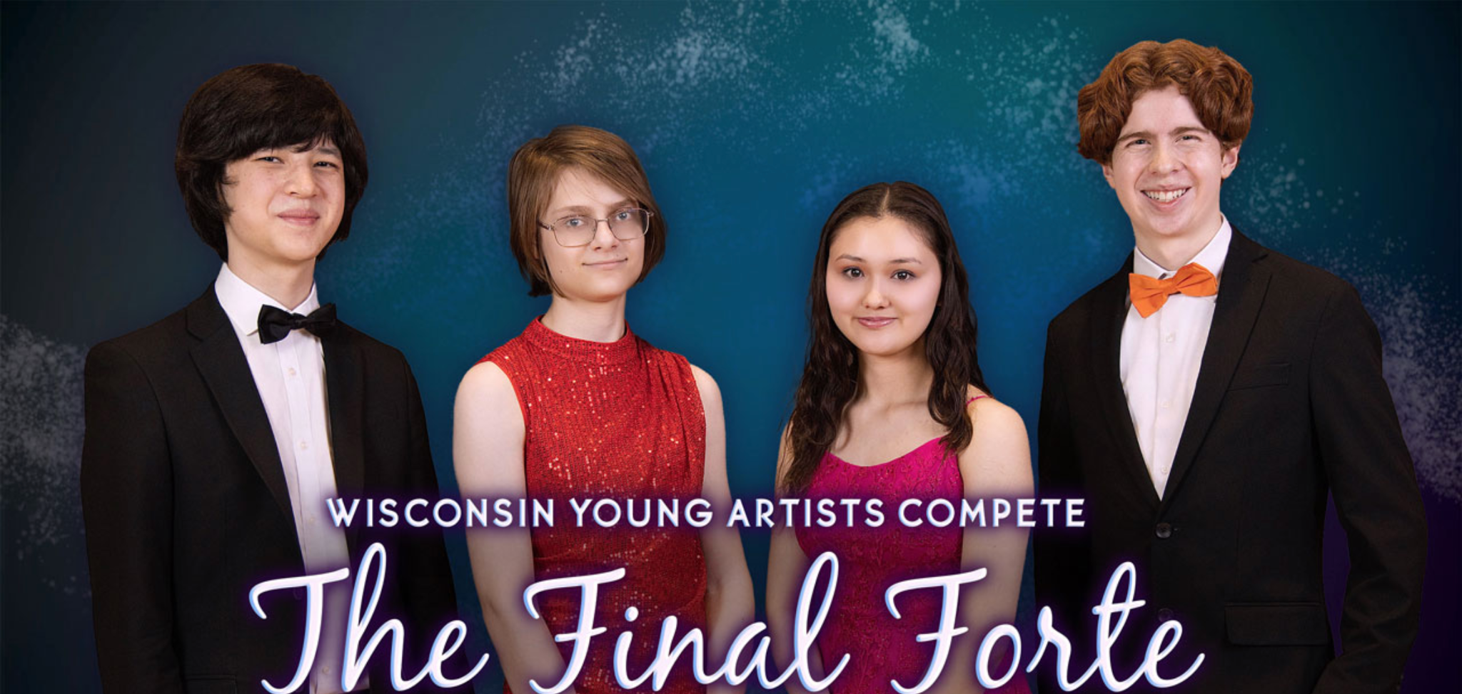 Four young musicians in formal attire posing for a promotional image for ‘The Final Forte,’ a Wisconsin young artists competition.
